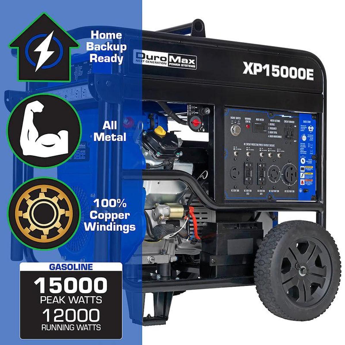 Portable DuroMax generator featuring 15000 peak watts label and home backup ready icon, highlighting quality and durability.