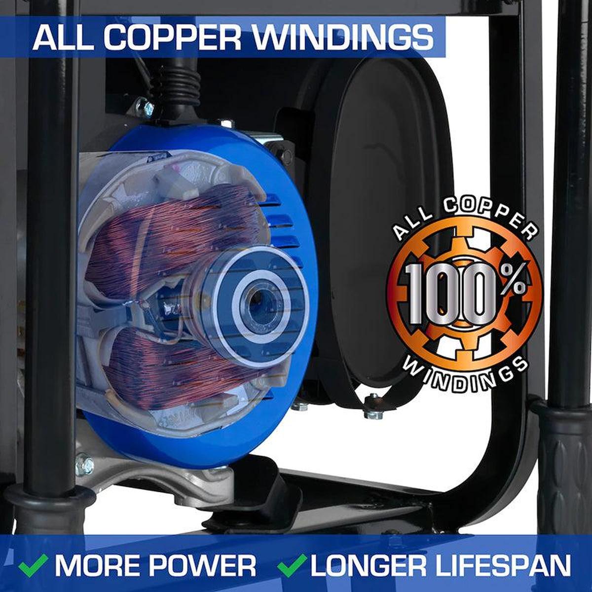 Detailed view of the DuroMax portable generator's all copper windings, ensuring more power and longer lifespan.