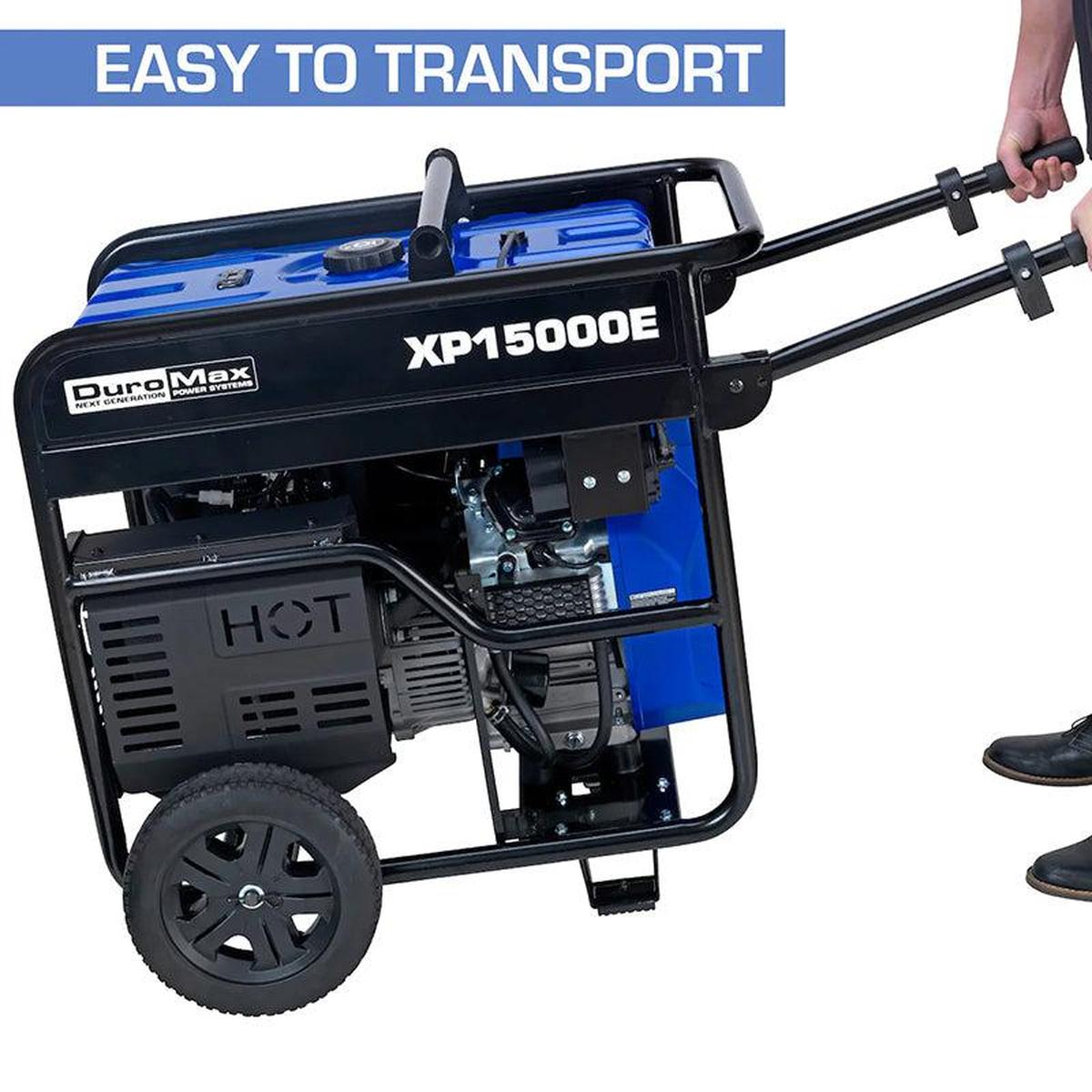 DuroMax XP15000E portable generator showcasing its easy-to-transport handle, ideal for various settings.
