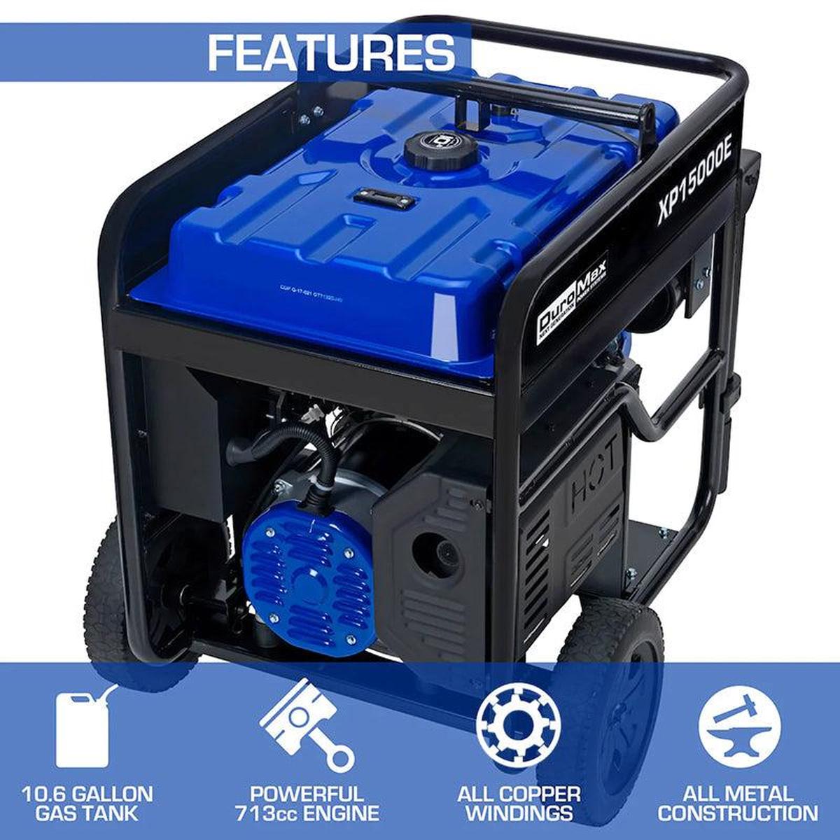 Close-up of the DuroMax portable generator's features including a large blue gas tank and all-metal construction.