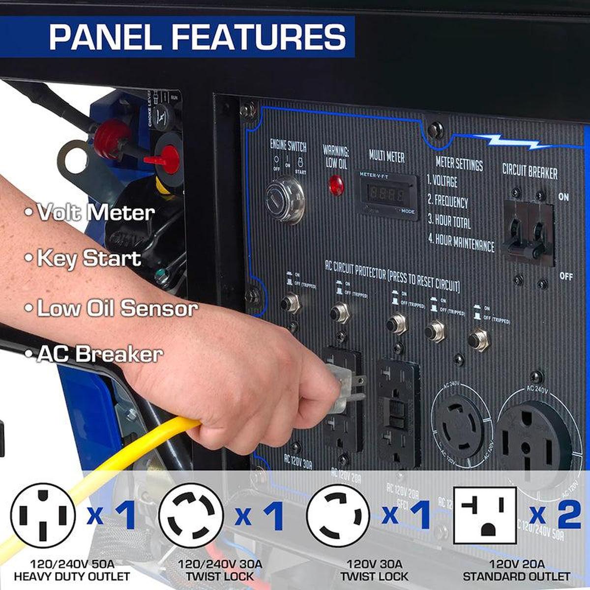 Panel features of DuroMax quality generator with volt meter and key start, suitable for extension cord use.