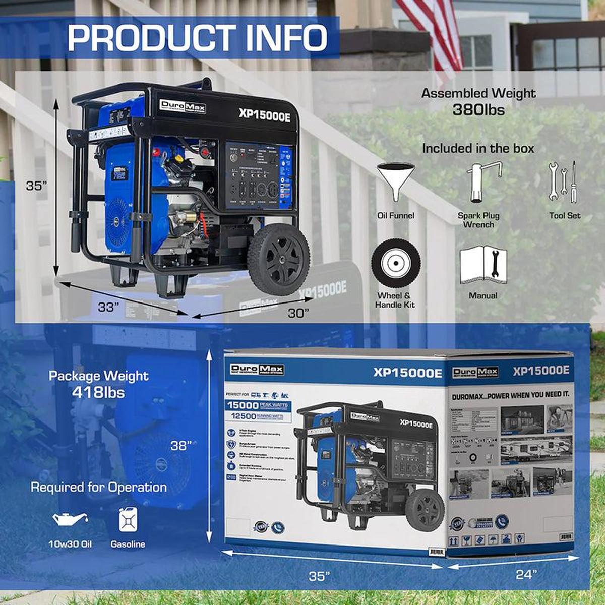 Product information for the DuroMax XP15000E portable generator, including dimensions and package contents.