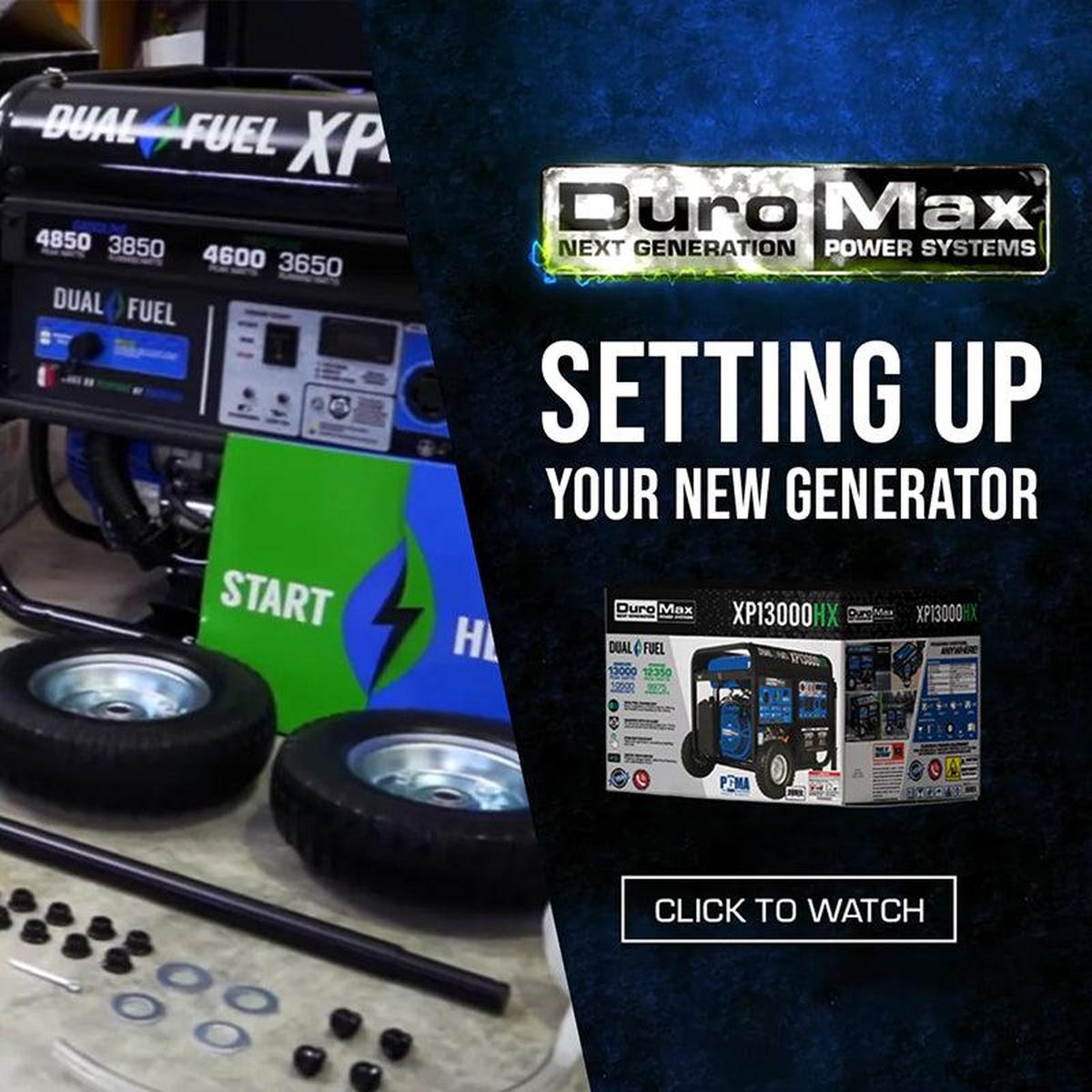 Promotional image for setting up a new DuroMax generator, with a 'click to watch' setup guide.