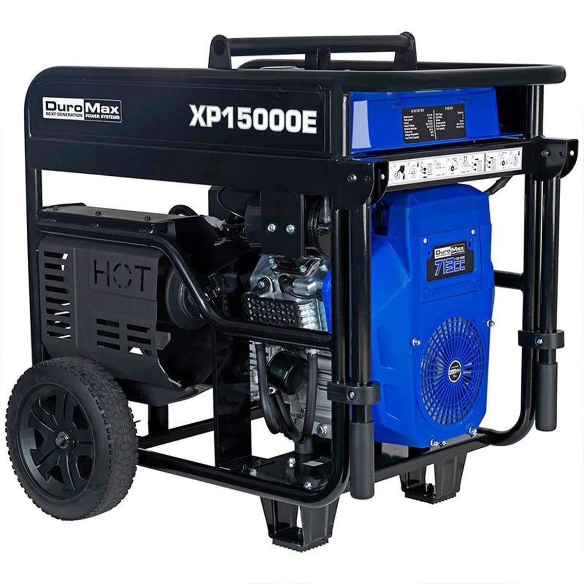 DuroMax XP15000E quality generator with blue and black design, showcasing robust wheels for portability.