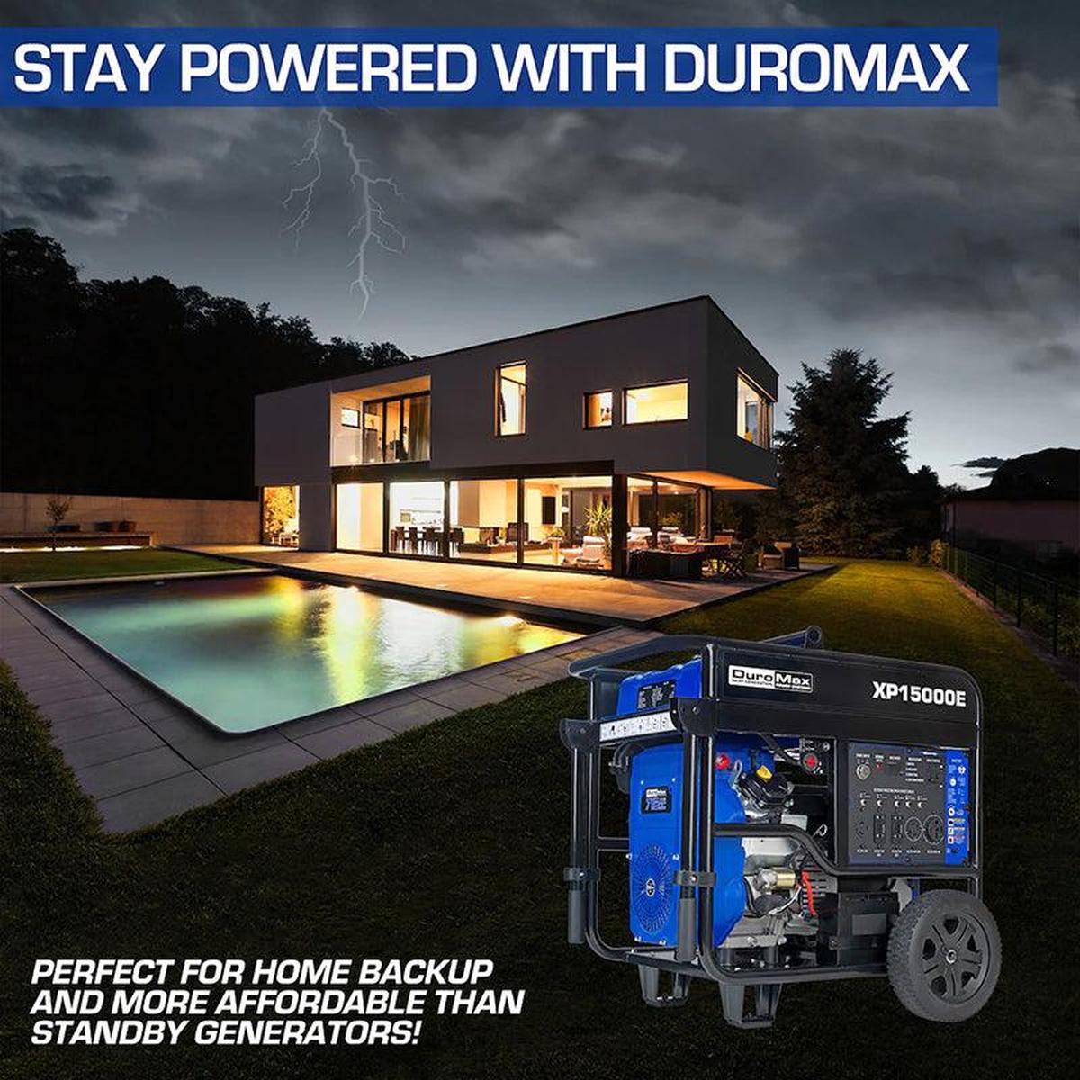 Stay powered with DuroMax quality generator depicted in a luxurious home setting, emphasizing reliability.