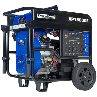 DuroMax XP15000E quality generator with blue and black design, showcasing robust wheels for portability.