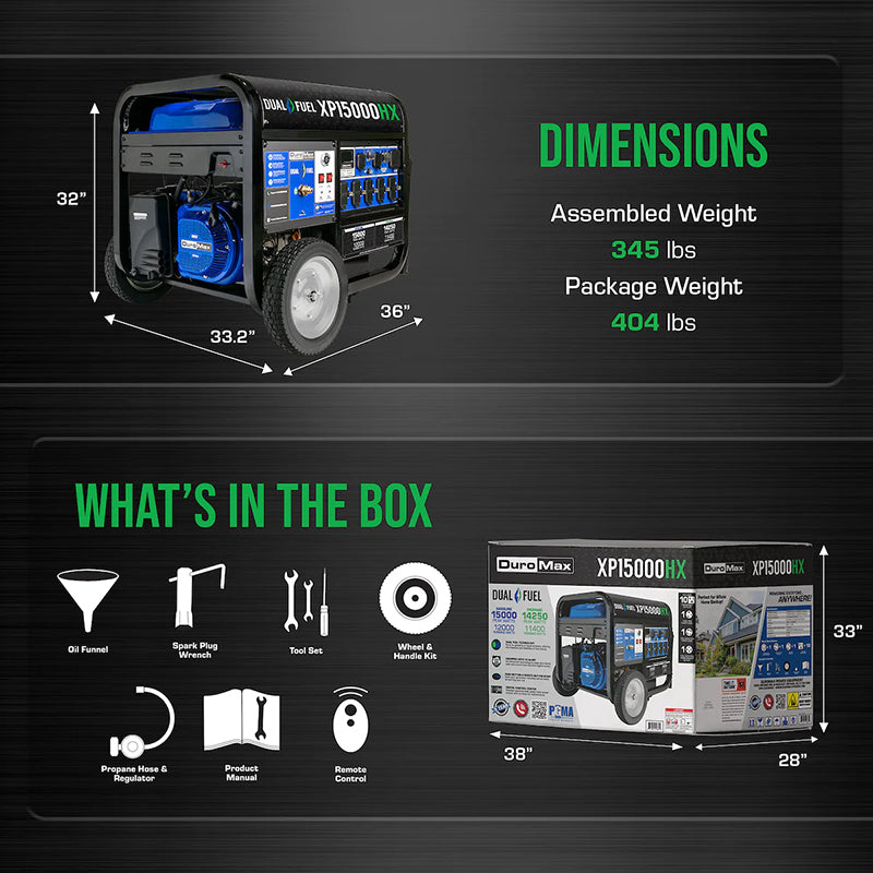 DuroMax XP15000HX dual fuel portable generator with dimensions and included accessories displayed.