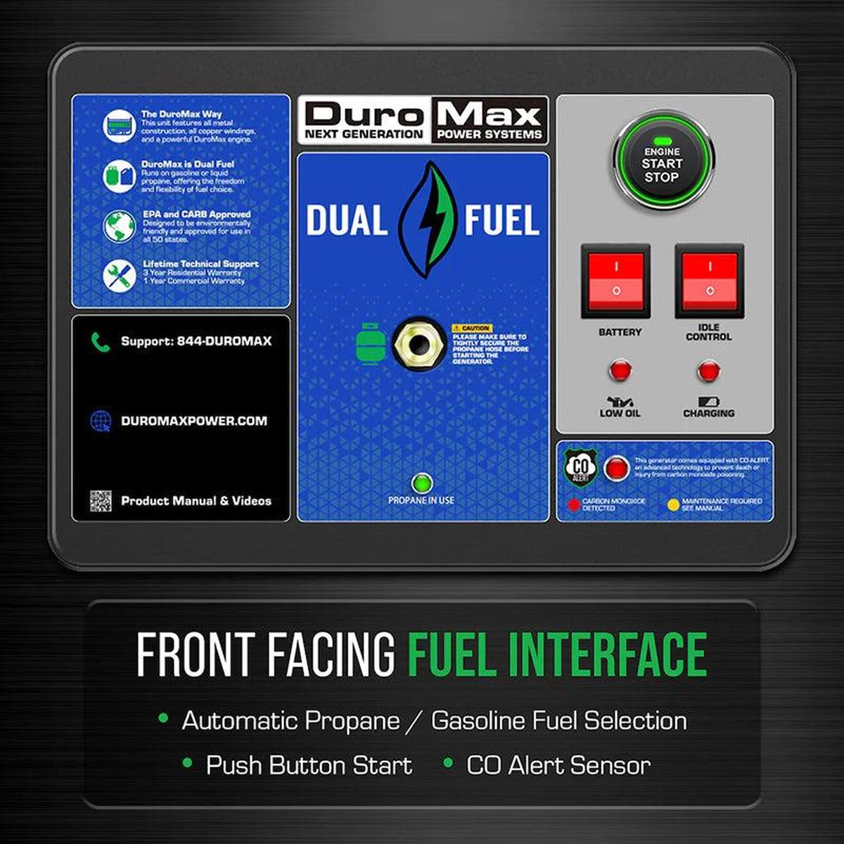 Front-facing fuel interface on the DuroMax XP15000HX generator, with easy propane and gasoline selection.