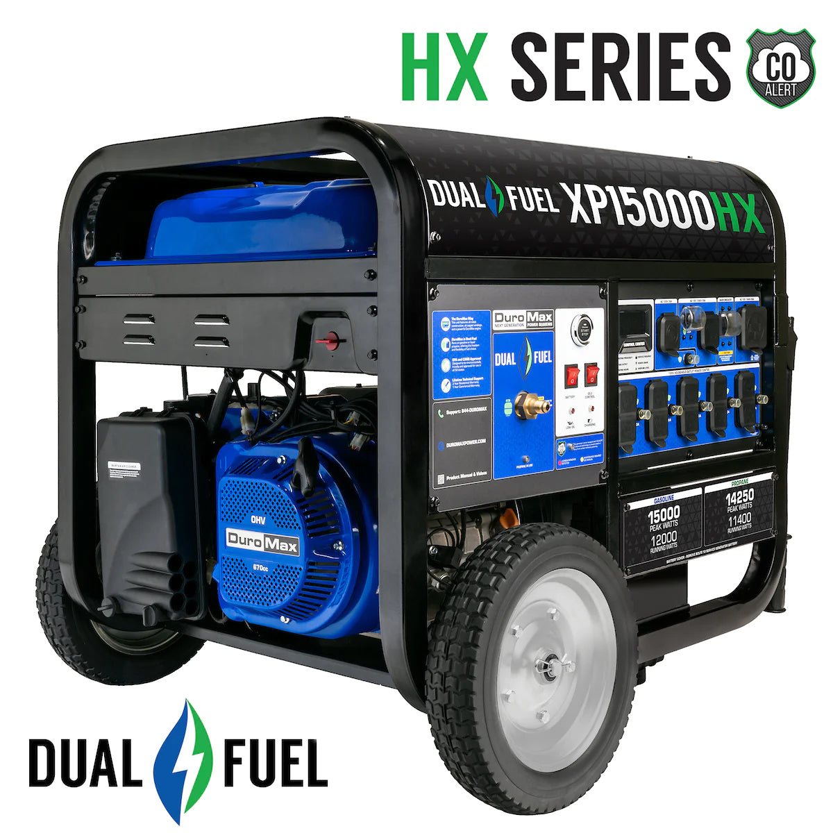 The HX Series DuroMax XP15000HX dual fuel generator with CO alert technology for enhanced safety.