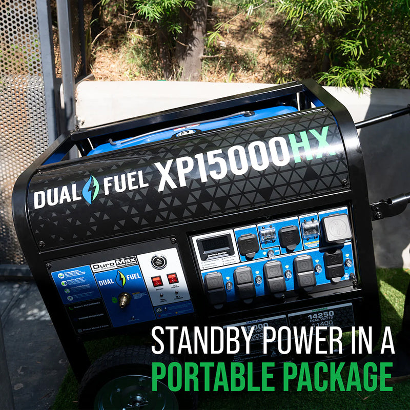 DuroMax XP15000HX portable generator with the label 'Standby Power in a Portable Package'.