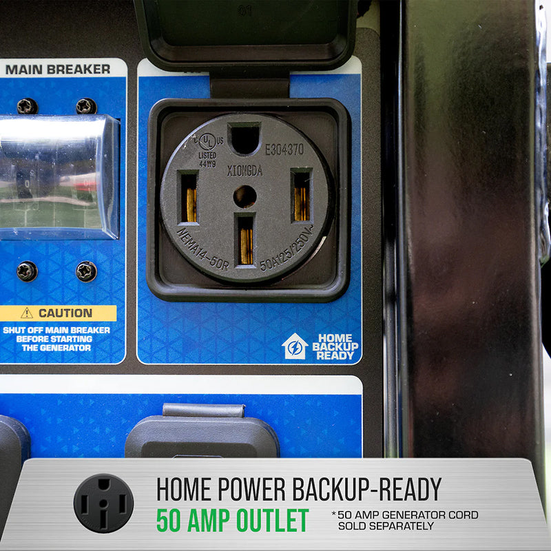 Close-up of the DuroMax XP15000HX portable generator's 50 amp outlet, home power backup-ready feature.