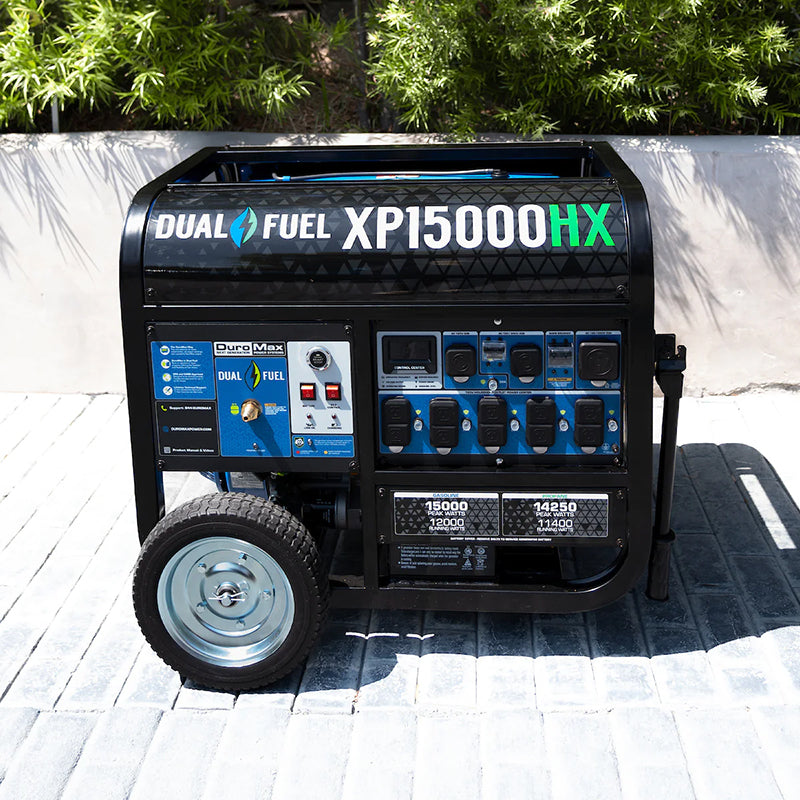 DuroMax XP15000HX dual fuel quality generator set outside a modern home, showcasing portability and power output.