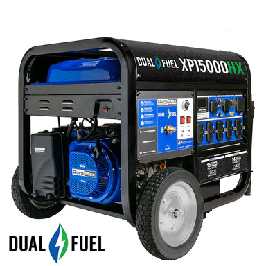 DuroMax XP15000HX dual fuel quality portable generator with rugged wheels and a blue engine cover.