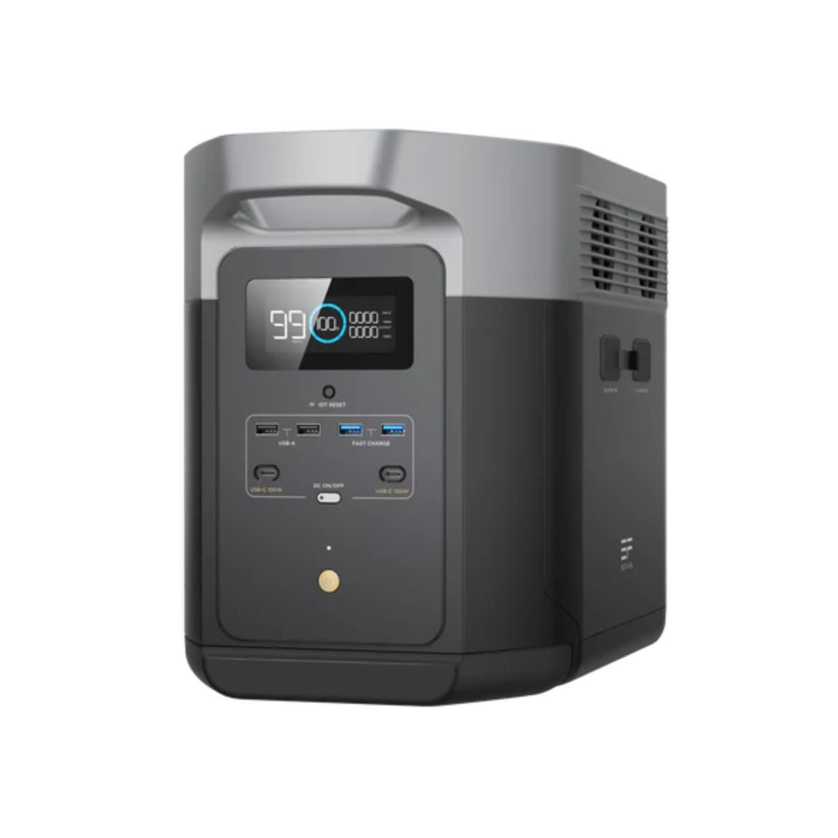 EcoFlow DELTAMax1600-US DELTA Max 1600 Power Station displaying its metallic black and gray color scheme with its LCD display, multi ports at the front panel and the main power on/off