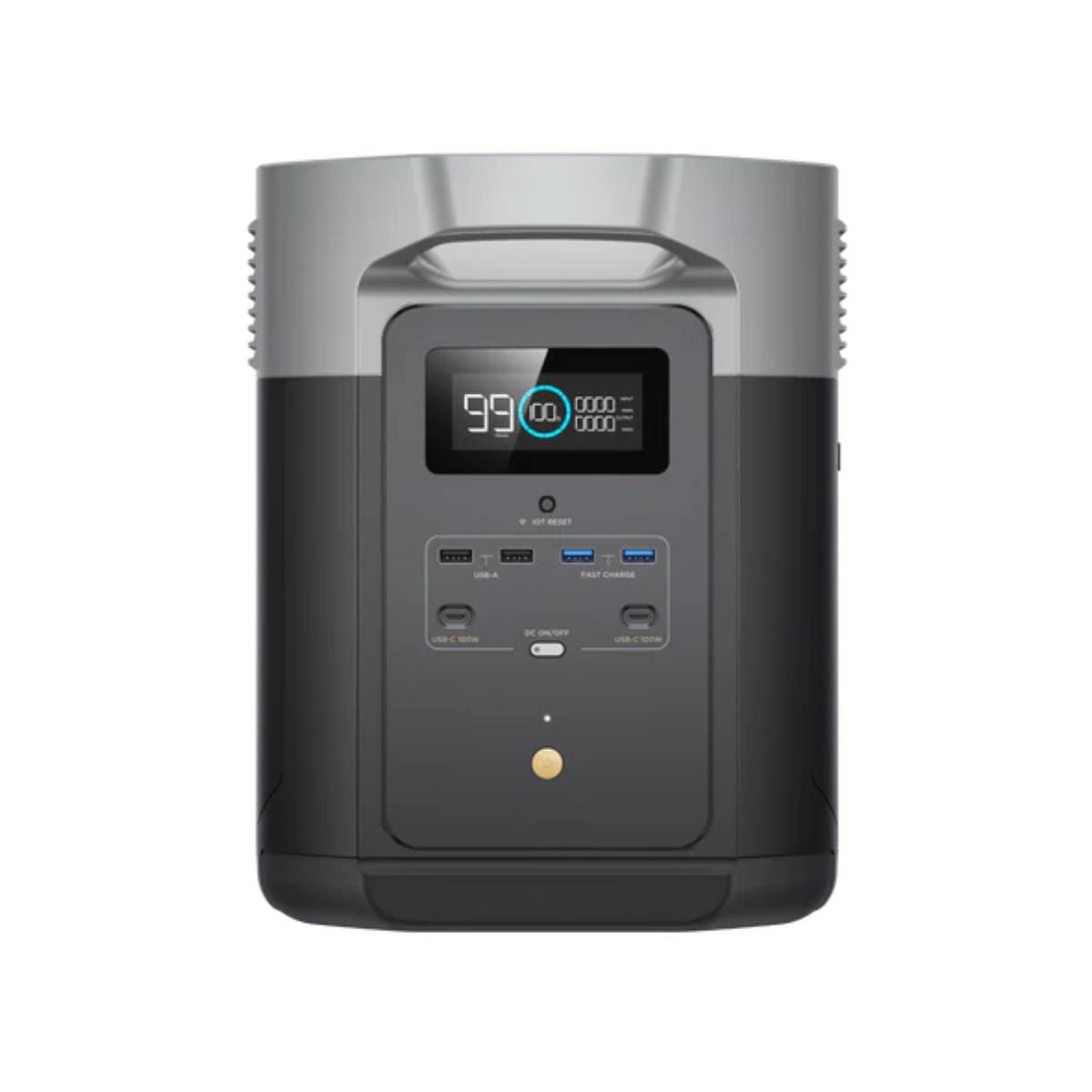 Front panel view of EcoFlow DELTA2000-US DELTA Max 2000 Power Station displaying its LCD display, main power button, usb power button, IOT button, and USB Output ports