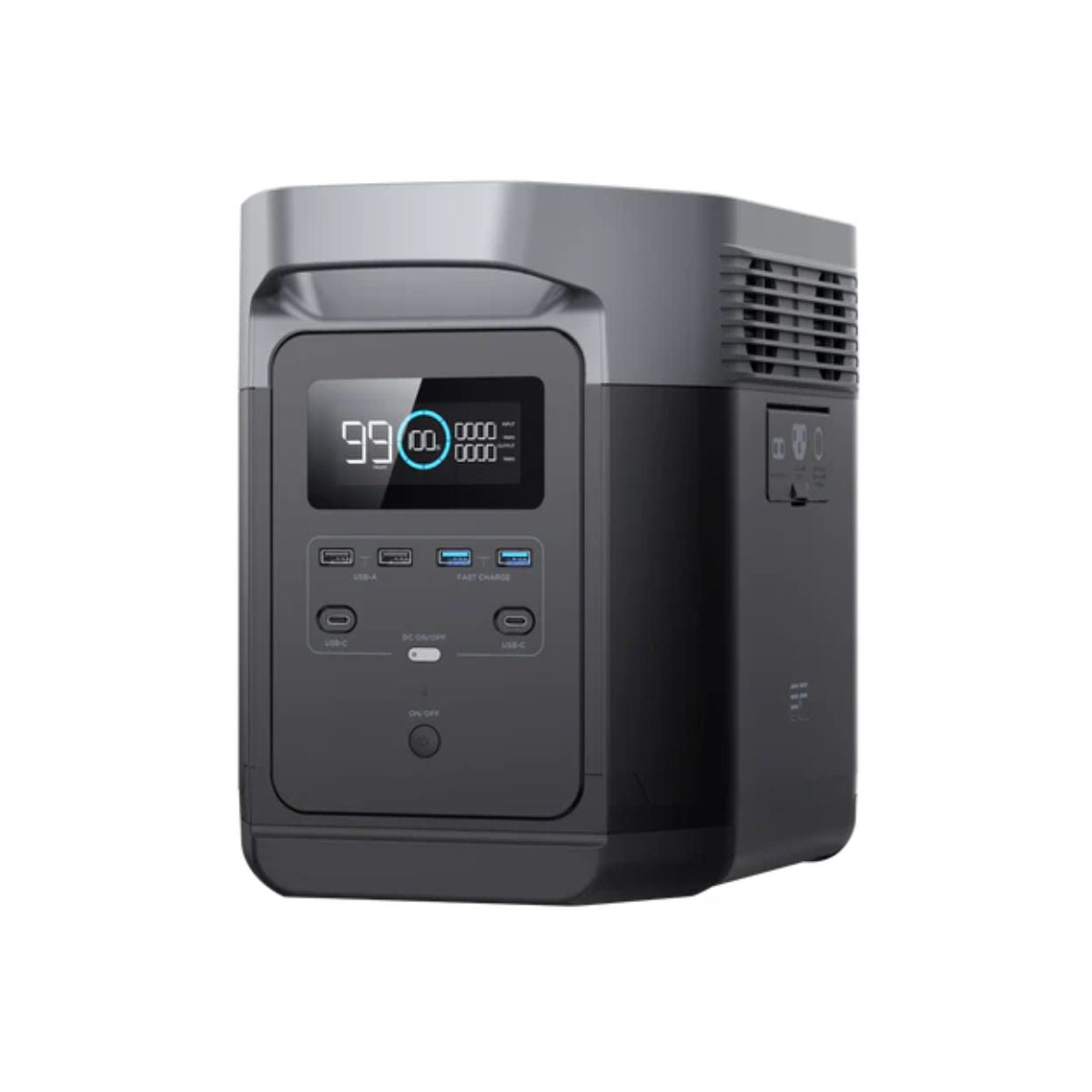 EcoFlow EFDELTA1300-AM DELTA 1300 Portable Power Station displaying its metallic black and gray color scheme with its LCD display, multi ports at the front panel and the main power on/off switch button