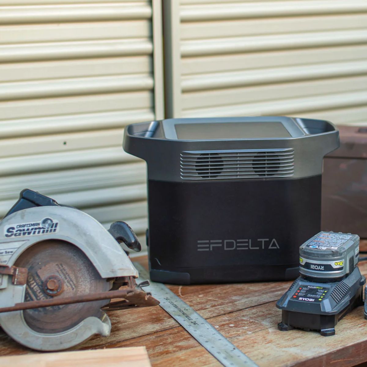 EcoFlow EFDELTA1300-AM DELTA 1300 Portable Power Station powering heavy duty power tools for your backyard construction projects