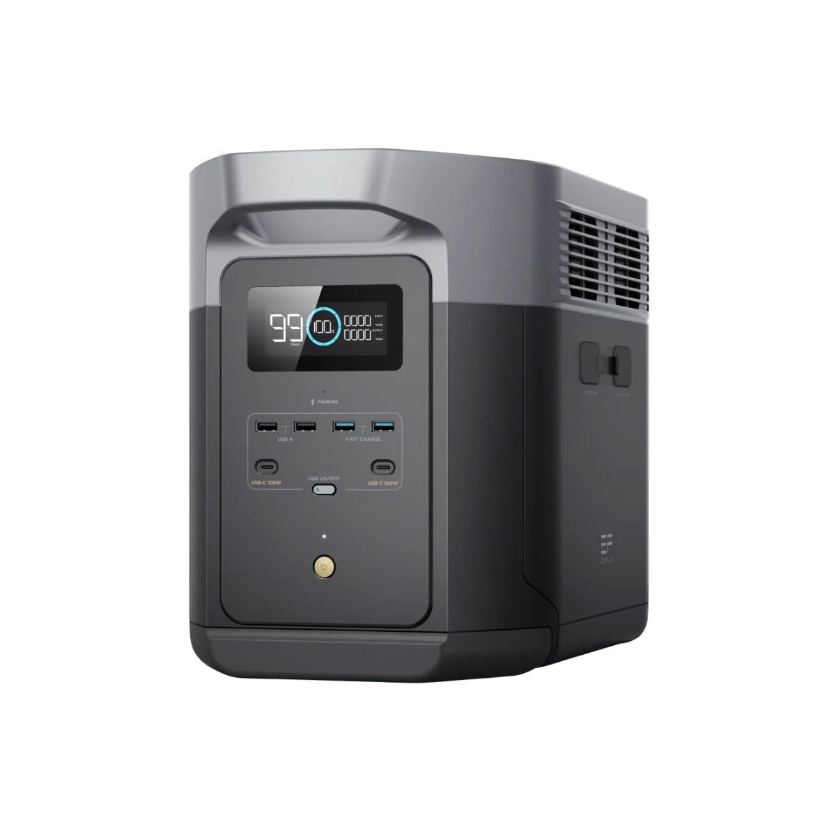 EcoFlow DELTA 2 Max Portable Power Station displaying its metallic black and gray color scheme with its LCD display, multi ports at the front panel and the main power on/off