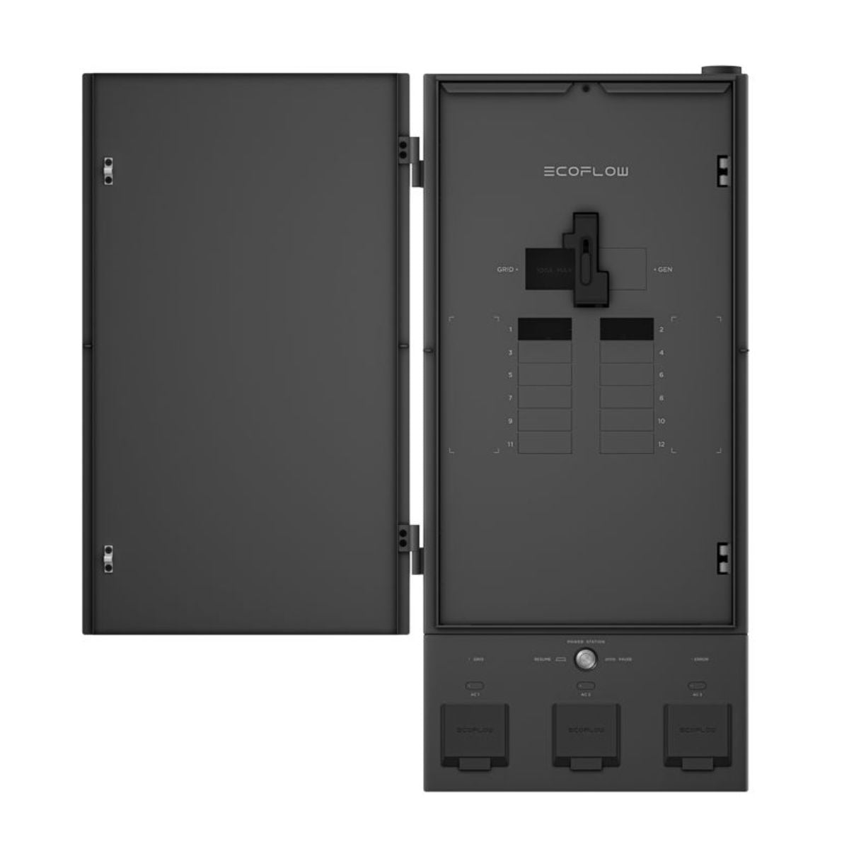 Inside of the distribution panel of EcoFlow Smart Home Panel 2 displaying its interlock, generator main circuit breaker, branch circuit breaker and dead front breaker