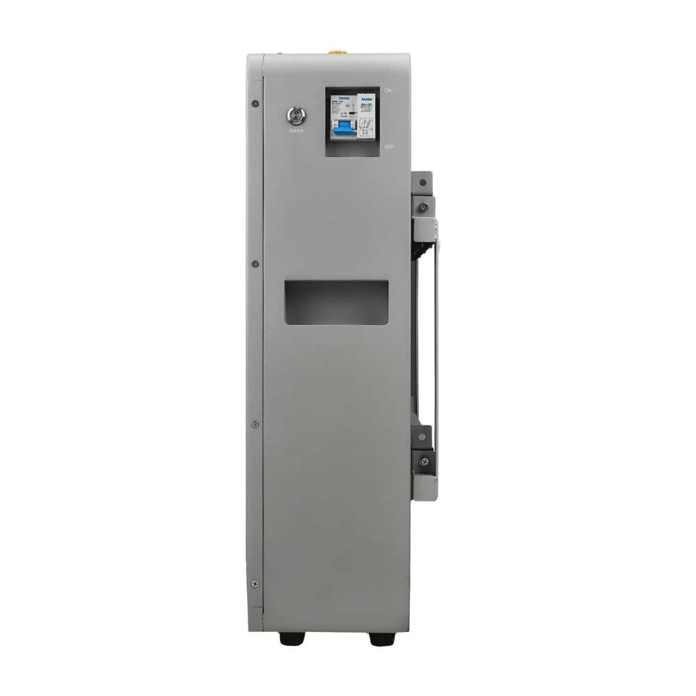 Side view of EG4 WallMount Indoor All Weather Lithium Battery 48V 100AH - EG4LIFPOW4WM-48V100A, displaying its built-in handle and power switch compartment
