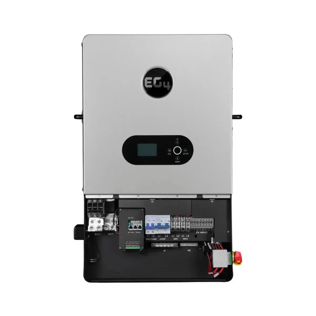 A view of the front panel opened on the EG4 12000XP inverter, displaying a circuit board