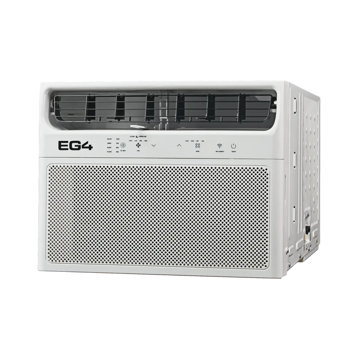 A white EG4 window air conditioner with a perforated front grille and a top vented housing, shown from a three-quarter angle on a white background.