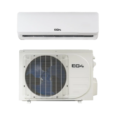 A split air conditioner shown as a white indoor wall-mounted unit above a matching outdoor condenser unit with a blue fan and EG4 branding, on a plain white background.