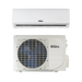 A split air conditioner shown as a white indoor wall-mounted unit above a matching outdoor condenser unit with a blue fan and EG4 branding, on a plain white background.