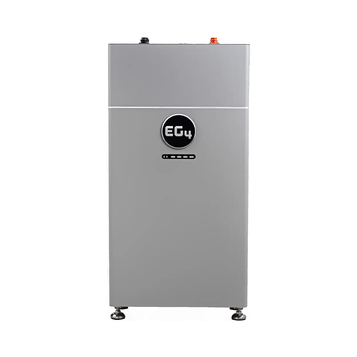 A tall, rectangular silver-gray electrical energy storage system with a circular black logo on the front reading 'EC4'. The unit has small feet at the bottom, a horizontal seam across the middle, and small red and black connectors on top, shown against a plain white background.