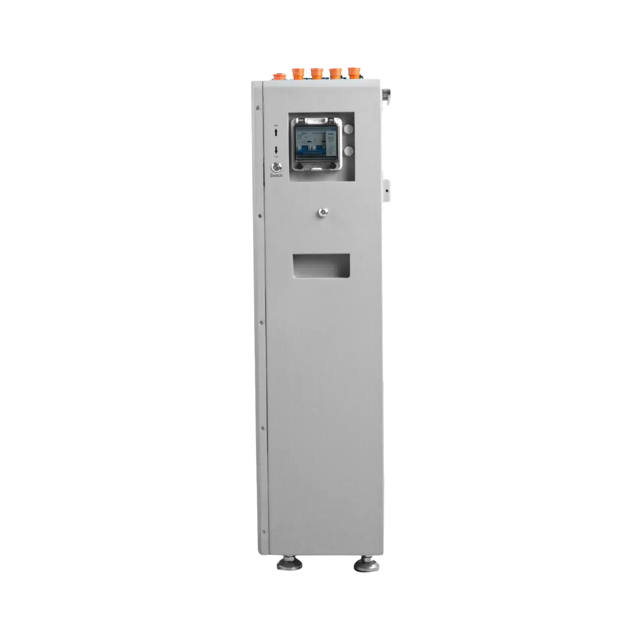 Rectangular industrial control panel with digital display on a white background