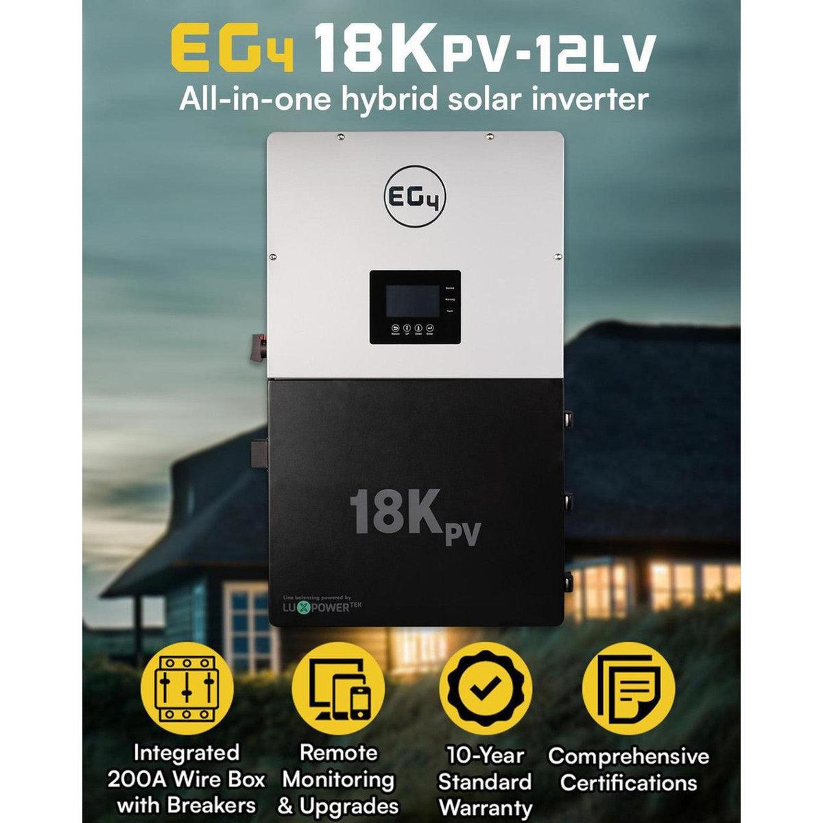 18K PV-12LV hybrid solar inverter with features listed on a blurred outdoor background