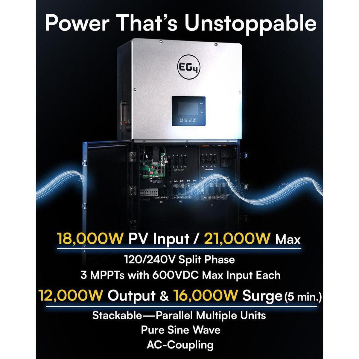 Power inverter with technical specifications on a dark background