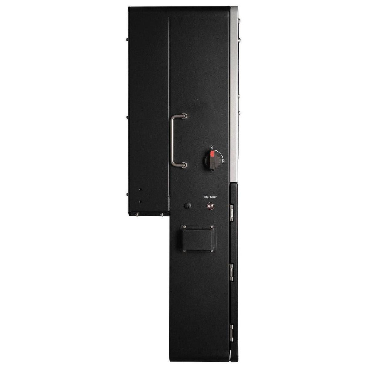 Black metal locker with a handle on a white background