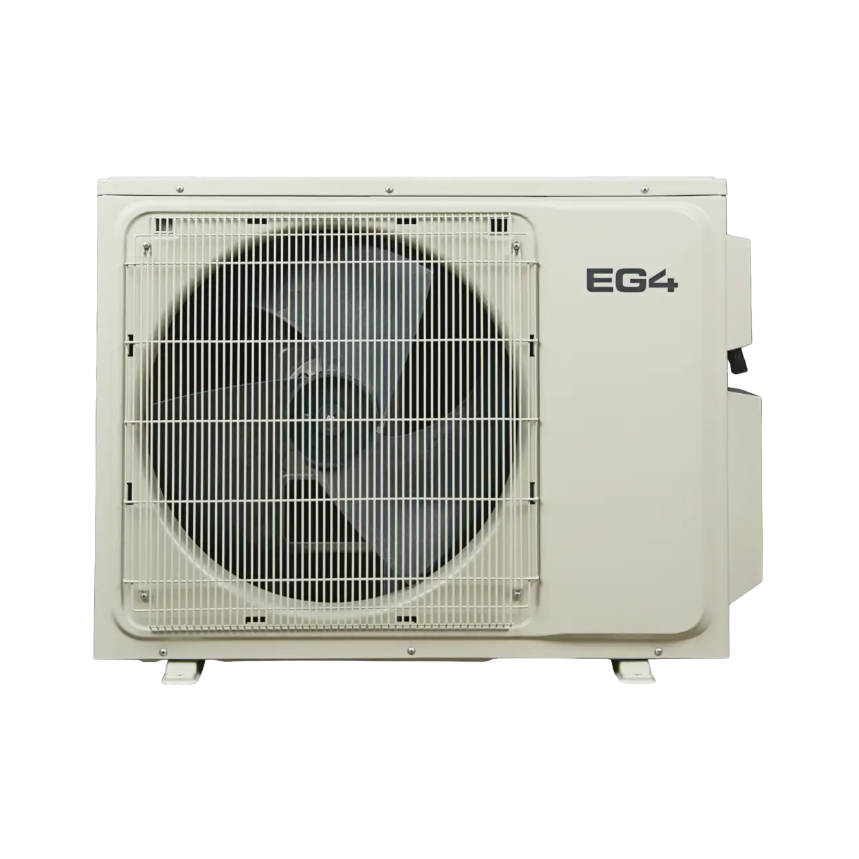 An outdoor air conditioner or heat pump outdoor condenser unit with a beige casing, a large front fan protected by a metal grille, and the text 'EG4' printed on the side, shown against a plain white background.
