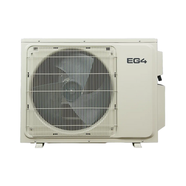 An outdoor air conditioner or heat pump outdoor condenser unit with a beige casing, a large front fan protected by a metal grille, and the text 'EG4' printed on the side, shown against a plain white background.