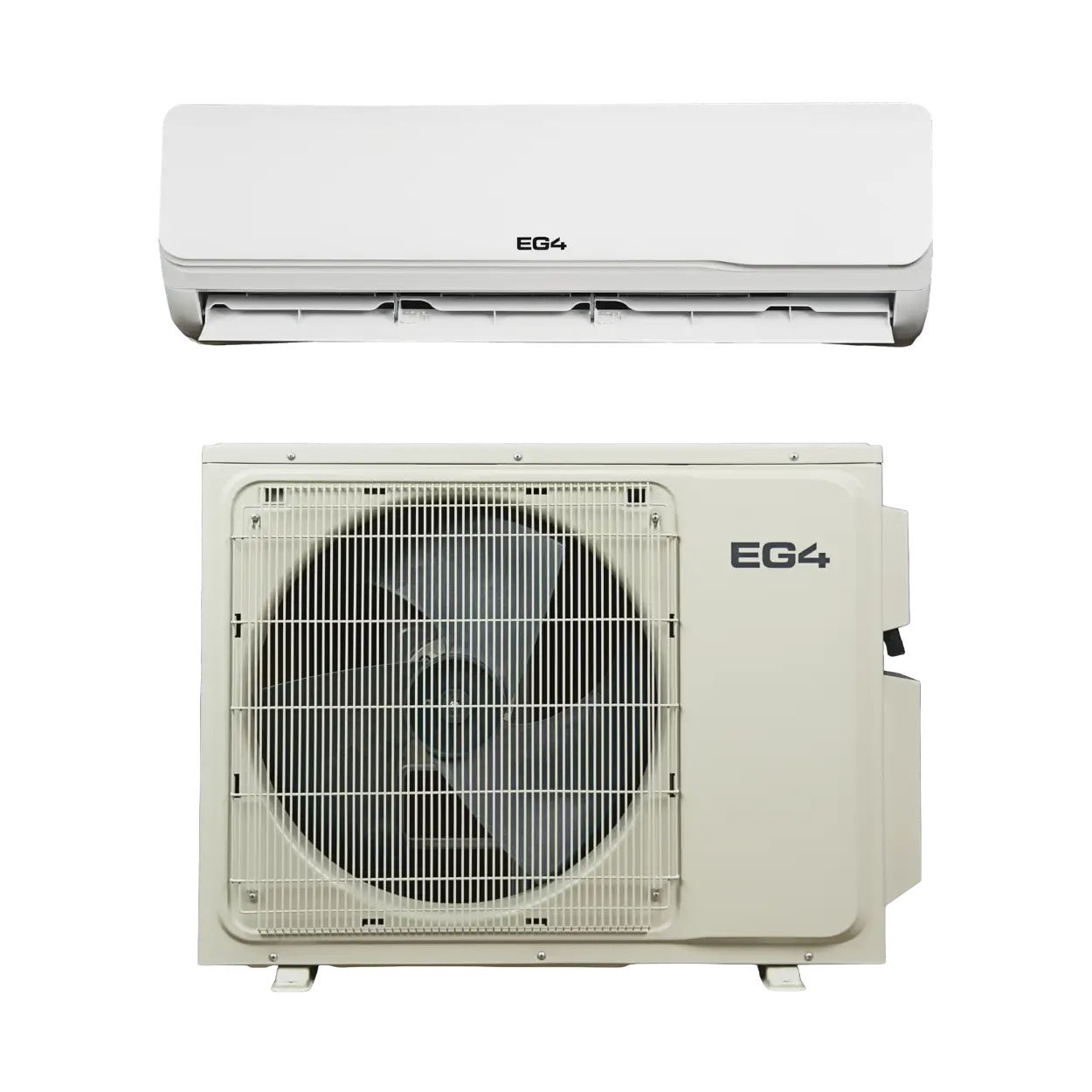 A split air conditioner shown in two parts: a white indoor wall-mounted unit at the top and a cream-colored outdoor condenser unit at the bottom, both featuring the EG4 logo on a plain white background.
