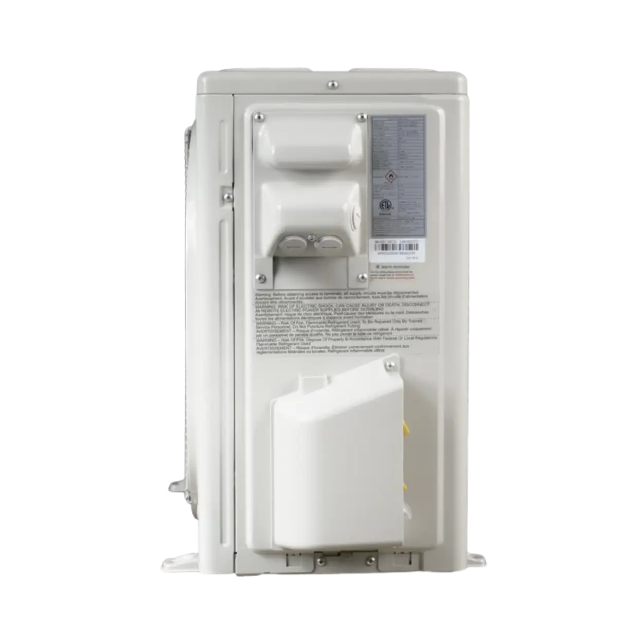 The back view of a white outdoor air conditioner or heat pump, showing the rear panel with mounting brackets, a drain pot, and printed technical specifications and warning labels.