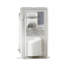 The back view of a white outdoor air conditioner or heat pump, showing the rear panel with mounting brackets, a drain pot, and printed technical specifications and warning labels.