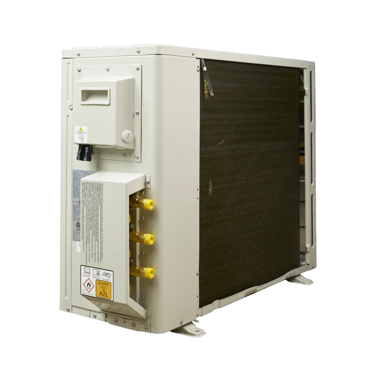 An industrial heat pump or air conditioner outdoor condenser unit with a beige metal housing, a dark mesh front grille, and yellow connection terminals, shown on a plain white background.