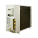 An industrial heat pump or air conditioner outdoor condenser unit with a beige metal housing, a dark mesh front grille, and yellow connection terminals, shown on a plain white background.