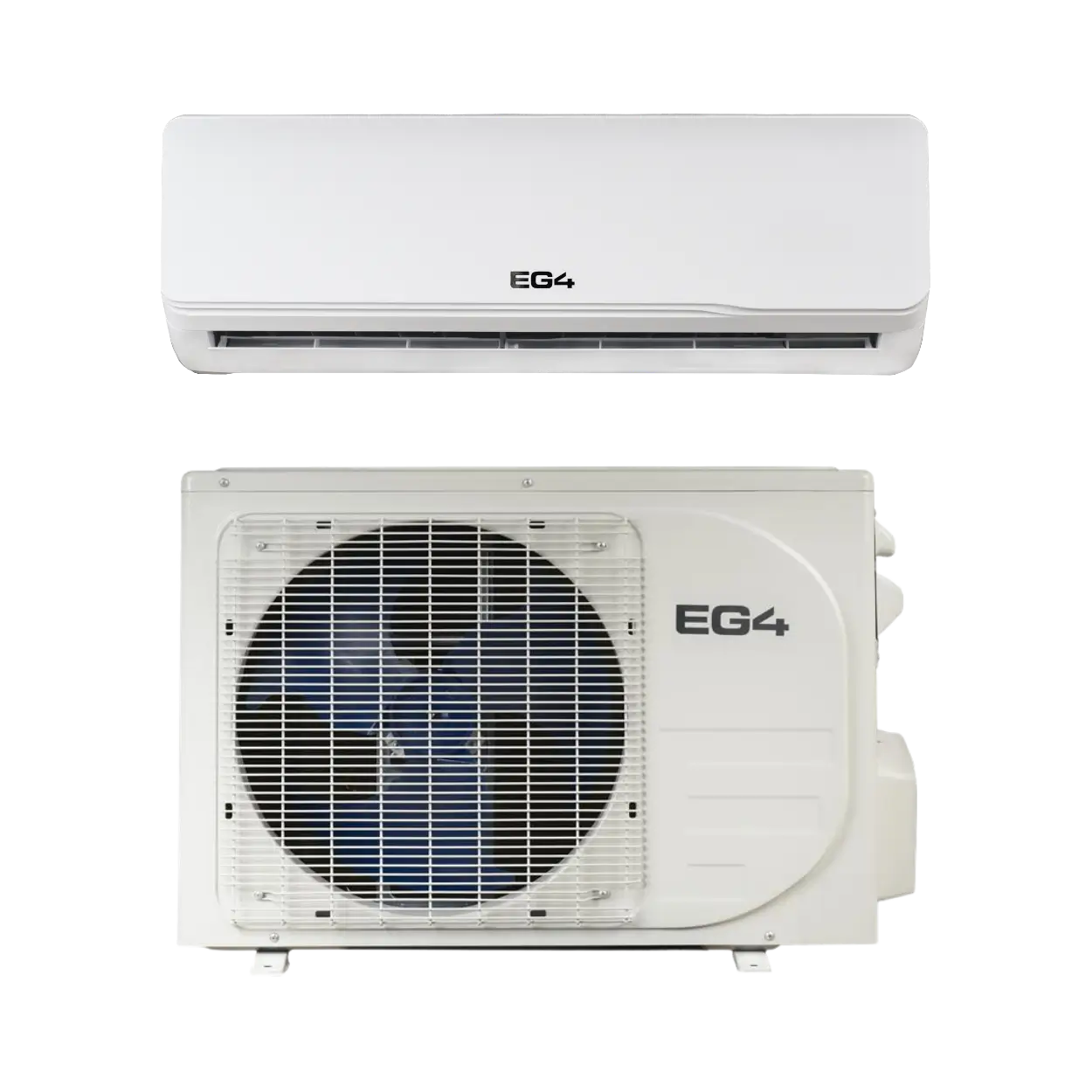 A split air conditioner shown as a white indoor wall-mounted unit above a matching outdoor condenser unit with a blue fan and EG4 branding, on a plain white background.