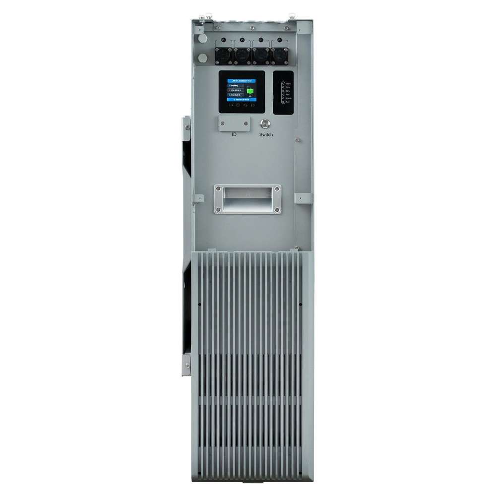 Interior view of EG4 PowerPro WallMount All Weather Lithium Battery 48V 280AH - EG4LIFPOW4-48V280A showing its digital display, switches, and cooling vents