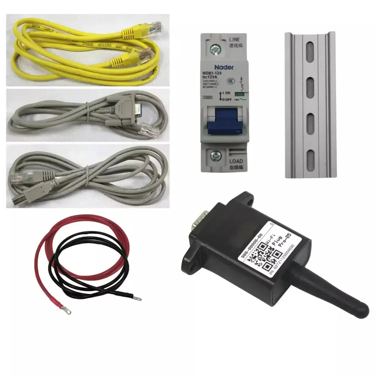 Collection of electrical components including cables, a circuit breaker, and a sensor on a white background.