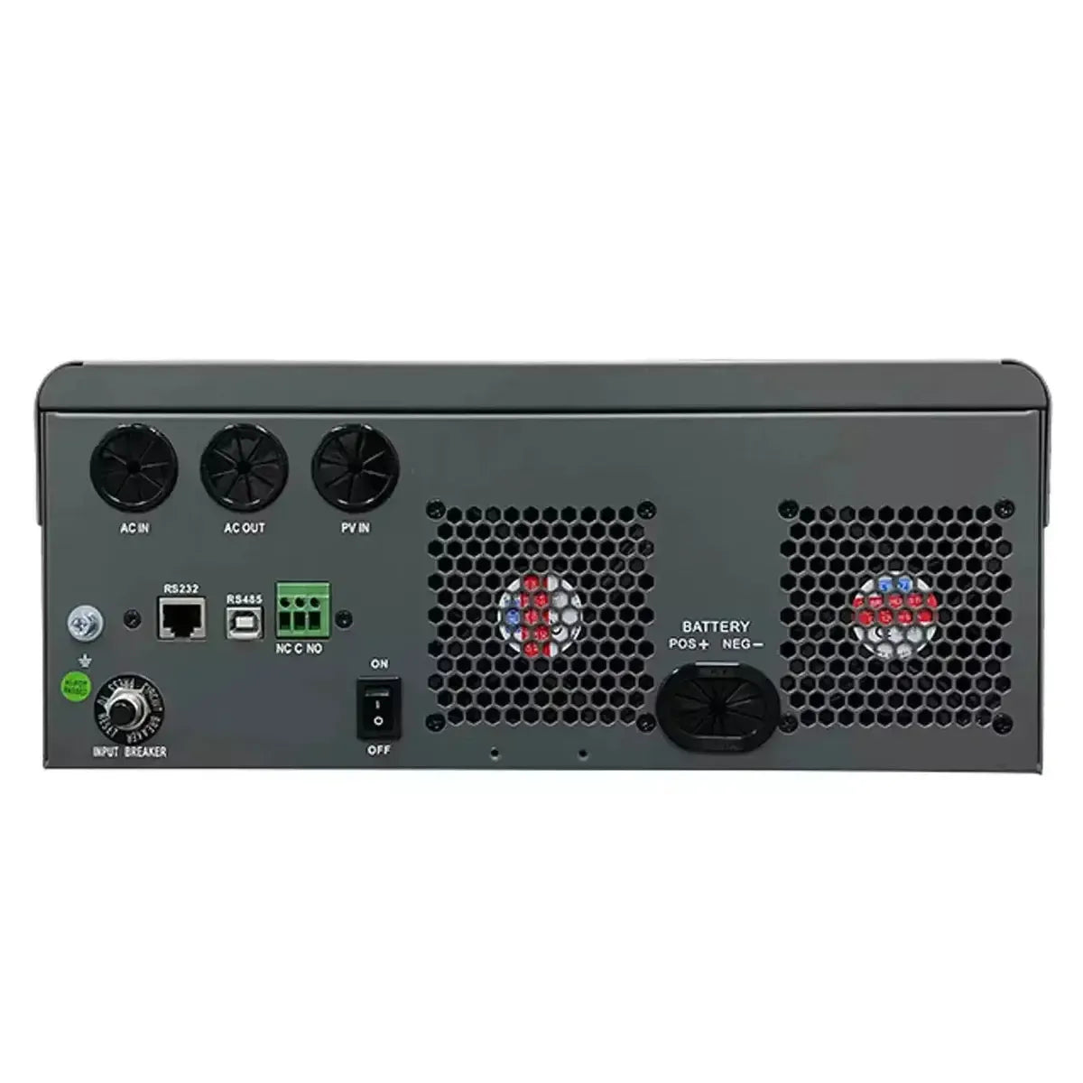 Back view of a power supply unit with various connectors and labels on a white background