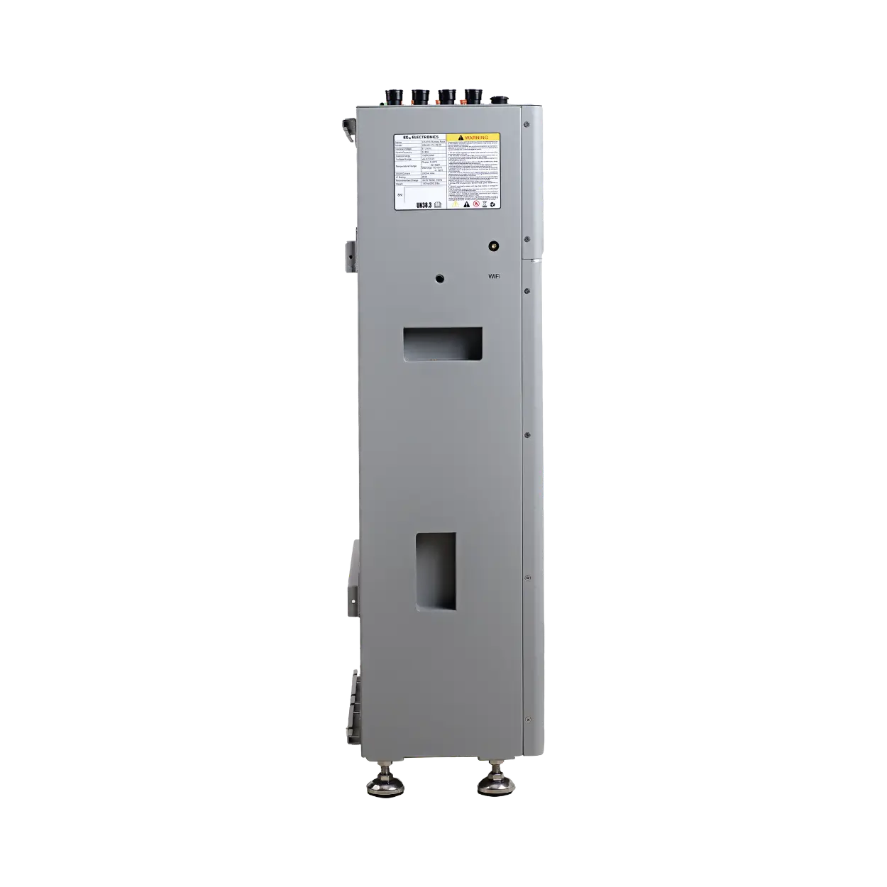 A tall, narrow gray metal appliance or equipment cabinet shown upright against a plain white background, with small feet at the bottom and a label panel near the top.
