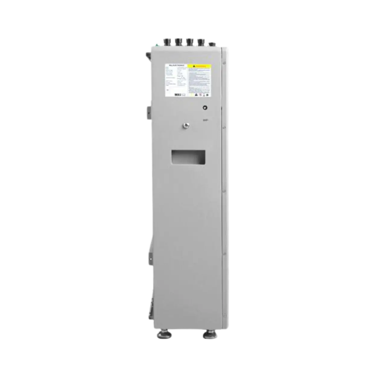 Metallic industrial cabinet with labels on a white background