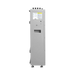 Metallic industrial cabinet with labels on a white background