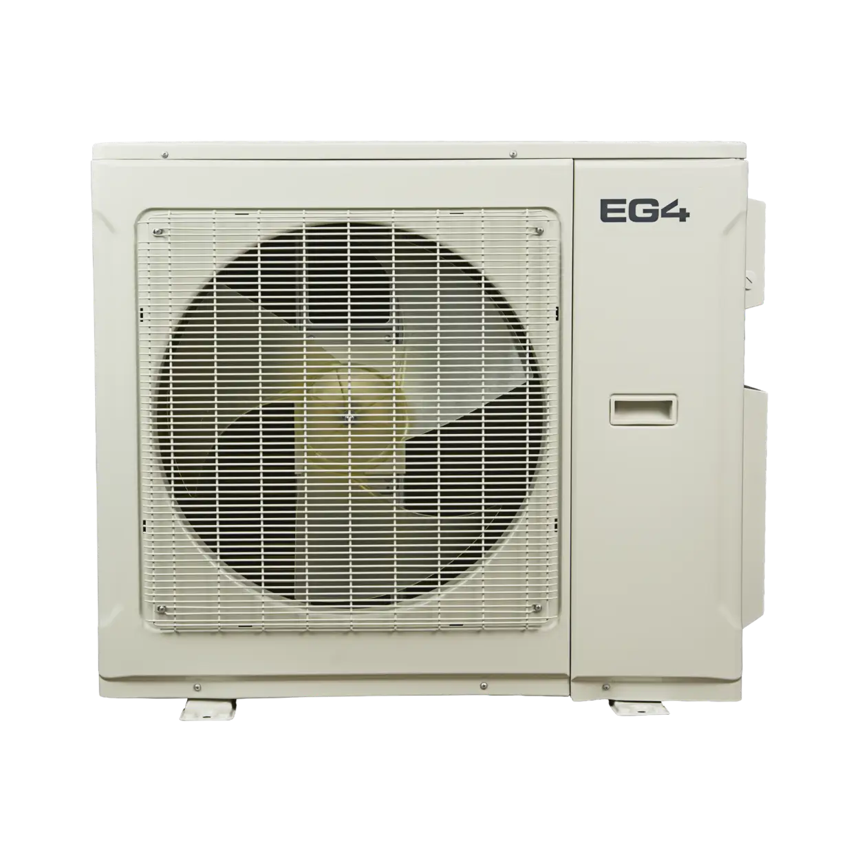 A white outdoor air conditioner heat pump outdoor condenser unit with a large fan grille and 'EG4' logo on the side, shown against a plain white background.