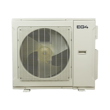 A white outdoor air conditioner heat pump outdoor condenser unit with a large fan grille and 'EG4' logo on the side, shown against a plain white background.
