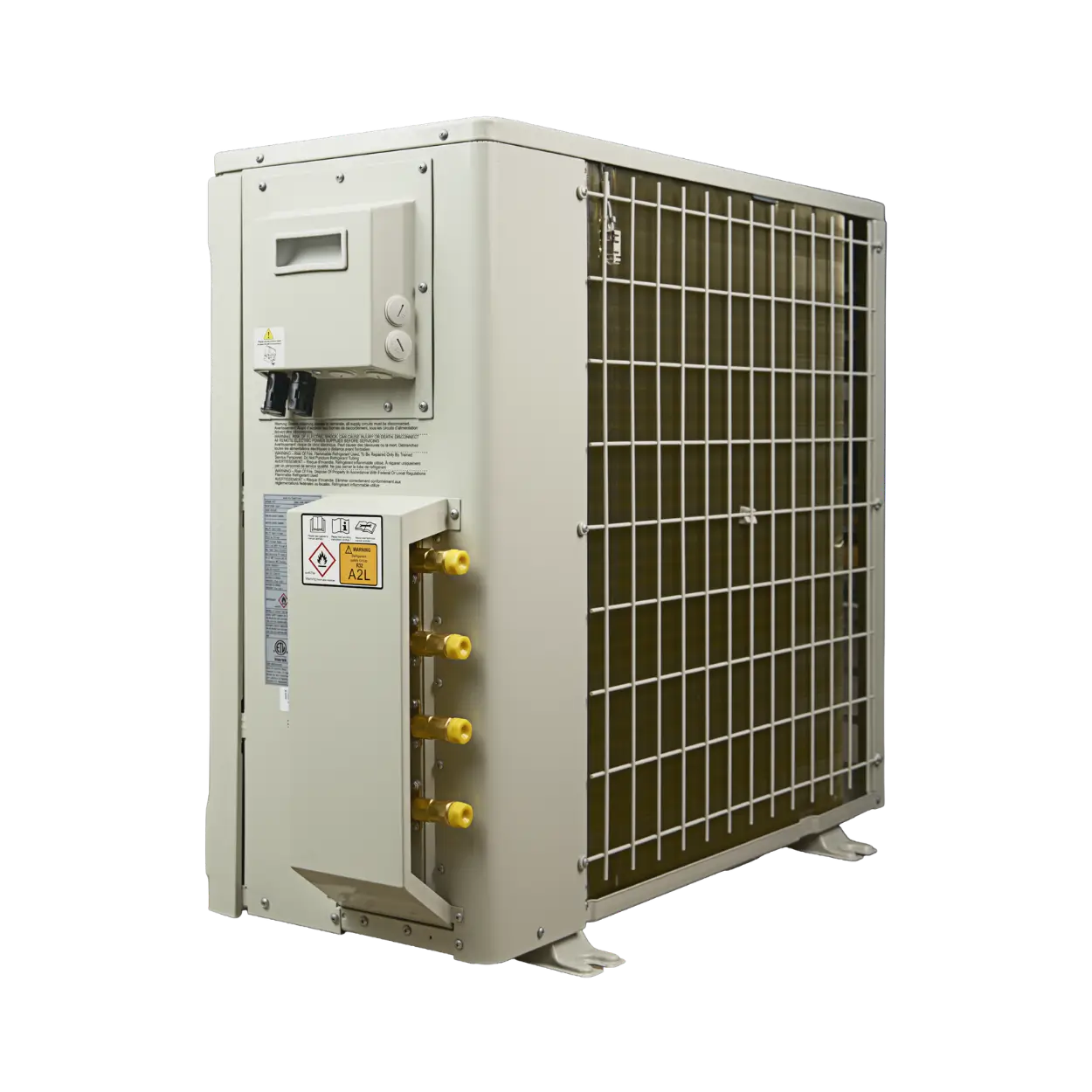 A large industrial heat pump outdoor unit with a beige metal housing, featuring a front grill, side electrical panel, and yellow connector ports, isolated on a white background.